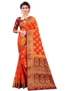 PERFECT WEAR Orange & Maroon Ethnic Motifs Zari Silk Cotton Banarasi Saree