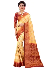PERFECT WEAR Beige & Maroon Woven Design Zari Silk Cotton Banarasi Saree