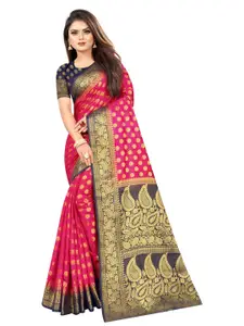 PERFECT WEAR Fuchsia & Black Woven Design Zari Silk Cotton Banarasi Saree
