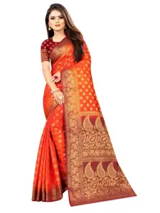 PERFECT WEAR Rust & Maroon Woven Design Zari Silk Cotton Banarasi Saree