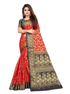 PERFECT WEAR Red & Navy Blue Woven Design Zari Silk Cotton Banarasi Saree