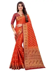 PERFECT WEAR Red & Gold-Toned Ethnic Motifs Zari Silk Cotton Banarasi Saree