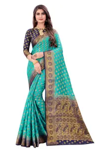 PERFECT WEAR Turquoise Blue & Navy Blue Ethnic Motifs Zari Silk Cotton Banarasi Saree