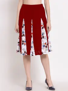 PATRORNA Women Maroon & White Printed Flared Skirt With Contrast Pleated Detailing