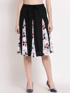 PATRORNA Women Black Floral Printed Flared Skirt