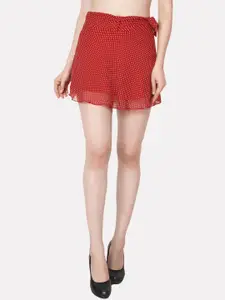 PATRORNA Women Red Polka Dots Print Flared A-Line Mini Skirt