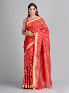 Mitera Red & Gold-Toned Woven Design Zari Pure Linen Saree