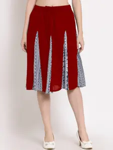 PATRORNA Maroon Printed Flared Skirt