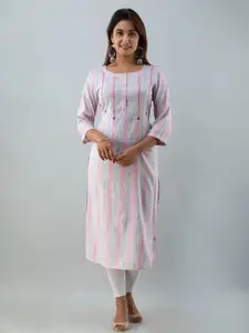 FASHION DWAR Women Pink & Grey Pure Cotton Striped Straight Kurta