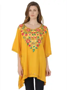 SAAKAA Yellow Floral Embroidered Sweetheart Neck Kaftan Top