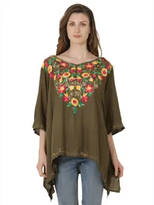 SAAKAA Women Olive Green Floral Embroidered Kaftan Top