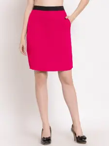PATRORNA Women Fuchsia Pink & Black Solid Knee Length Pencil Skirts