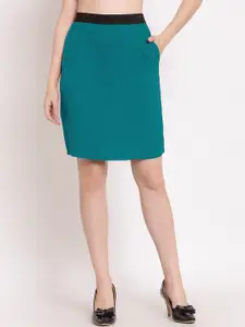PATRORNA Women Sea Green Solid Pencil Knee Length Skirts