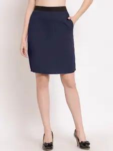PATRORNA Women Navy Blue Knee Length Pencil Skirt