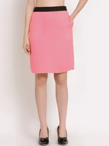 PATRORNA Women Rose Pink & Black Solid Knee Length Pencil Skirts