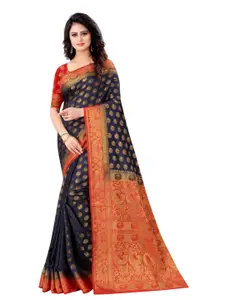 PERFECT WEAR Blue & Red Ethnic Motifs Zari Silk Cotton Banarasi Saree