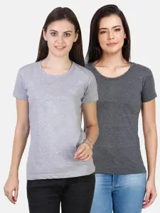 Fleximaa Women Grey Pack of 2 Solid Cotton Regular T-shirt