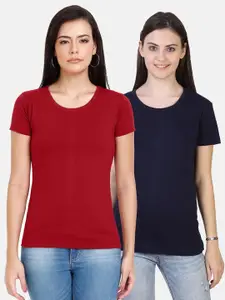Fleximaa Women Pack of 2 Maroon & Navy Blue Cotton T-shirts