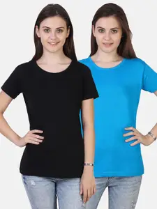 Fleximaa Women Black & Blue Pack of 2 Solid T-shirts
