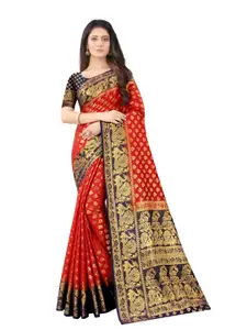 PERFECT WEAR Red & Black Woven Design Zari Silk Cotton Banarasi Saree