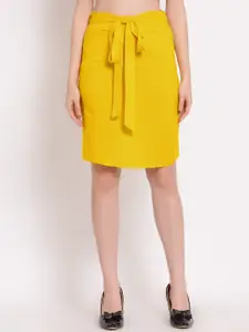 PATRORNA Women Plus Size Mustard Yellow Solid Pencil Skirt