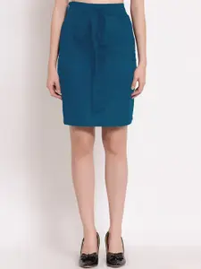 PATRORNA Women Plus Size Blue Solid Pencil Skirt