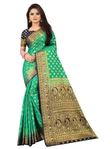 PERFECT WEAR Green & Blue Ethnic Motifs Zari Silk Cotton Banarasi Saree