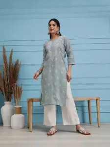 ADA Women Grey Ethnic Motifs Embroidered Chikankari Handloom Handloom Kurta