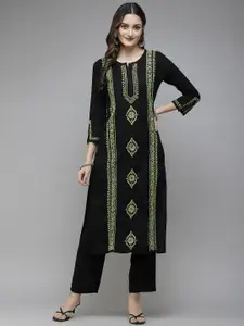 ADA Women Black & Green Ethnic Motifs Embroidered Chikankari Handloom Handloom Kurta