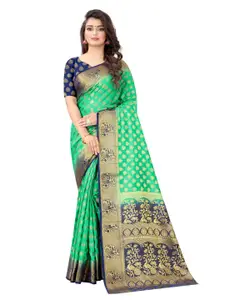 PERFECT WEAR Green & Navy Blue Ethnic Motifs Silk Cotton Banarasi Saree