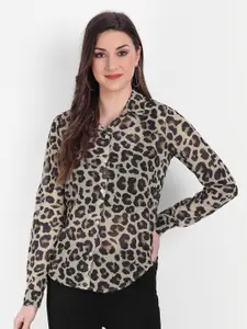 CHARMGAL Women Brown & Black Animal Printed Semi Sheer Casual Shirt