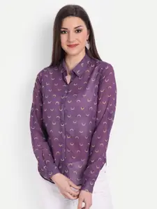 CHARMGAL Women Purple Relaxed Semi Sheer Printed Casual Shirt