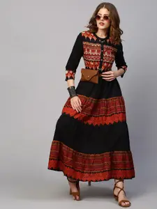 FASHOR Black Ethnic Motifs Georgette Maxi Dress