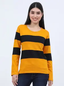 Fleximaa Women Mustard Yellow & Black Striped T-shirt