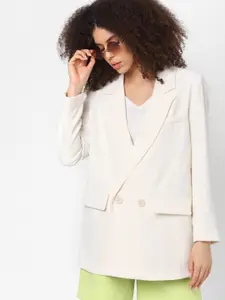 ONLY Women Off White Solid Double- Breasted Casual Blazer