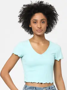 ONLY Women Turquoise Blue Slim Fit T-shirt