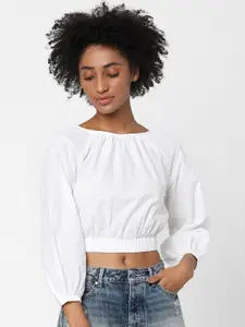 ONLY White Solid Blouson Crop Top