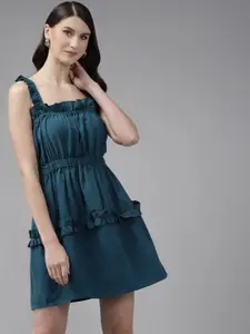 The Dry State Teal A-Line Tiered Cotton Dress