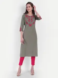 SUTI Women Grey & Pink Ethnic Motifs Embroidered Straight Cotton Kurta