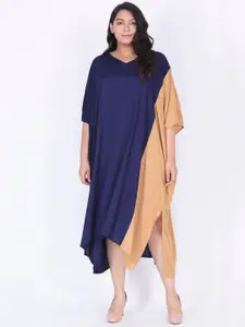 LastInch Women Blue & Beige Colorblocked Kaftan Midi Dress