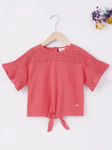 Ed-a-Mamma Girls Pink Self Design Pure Cotton Regular Top