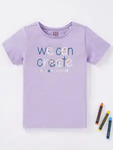 Ed-a-Mamma Girls Lavender Typography Printed Cotton T-shirt