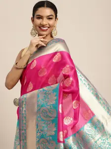 Silk Land Pink & Golden Ethnic Motifs Zari Banarasi Saree