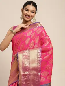 Silk Land Pink & Golden Ethnic Motifs Zari Banarasi Saree