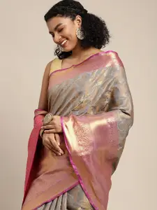 Silk Land Grey & Golden Floral Zari Banarasi Saree