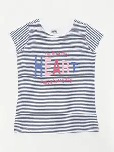 Cantabil Girls White & Navy Blue Striped Extended Sleeves Cotton T-shirt