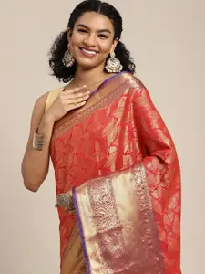 Silk Land Red & Golden Floral Zari Banarasi Saree