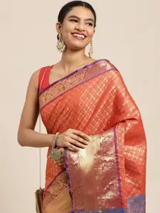 Silk Land Red & Golden Ethnic Motifs Zari Banarasi Saree