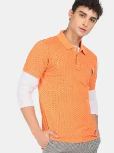 U.S. Polo Assn. Men Orange & Black Print Polo Collar Pure Cotton T-shirt