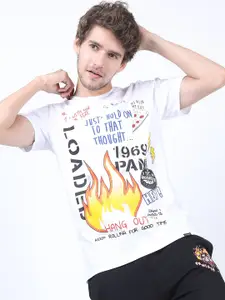 HIGHLANDER Men White & Black Typography Printed Slim Fit Cotton T-shirt